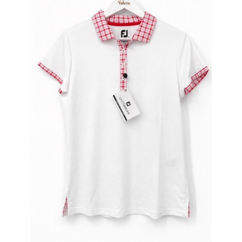 FootJoy Golf Polo Shirt Gingham Collar White & Red Athletic Shirt Size Medium
